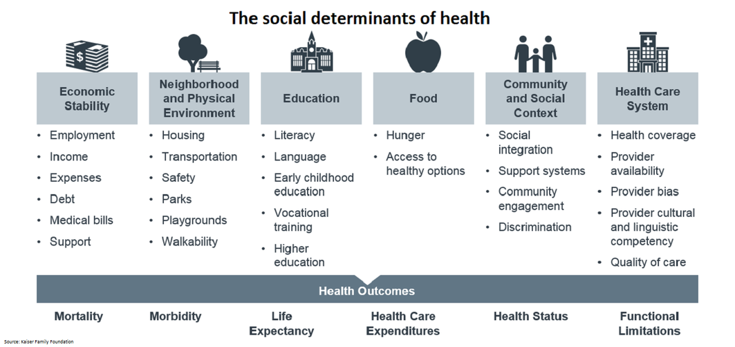 This graphic shows that the social determinants of health are economic stability, physical environment, education, access to food, community and social context, and the health care system